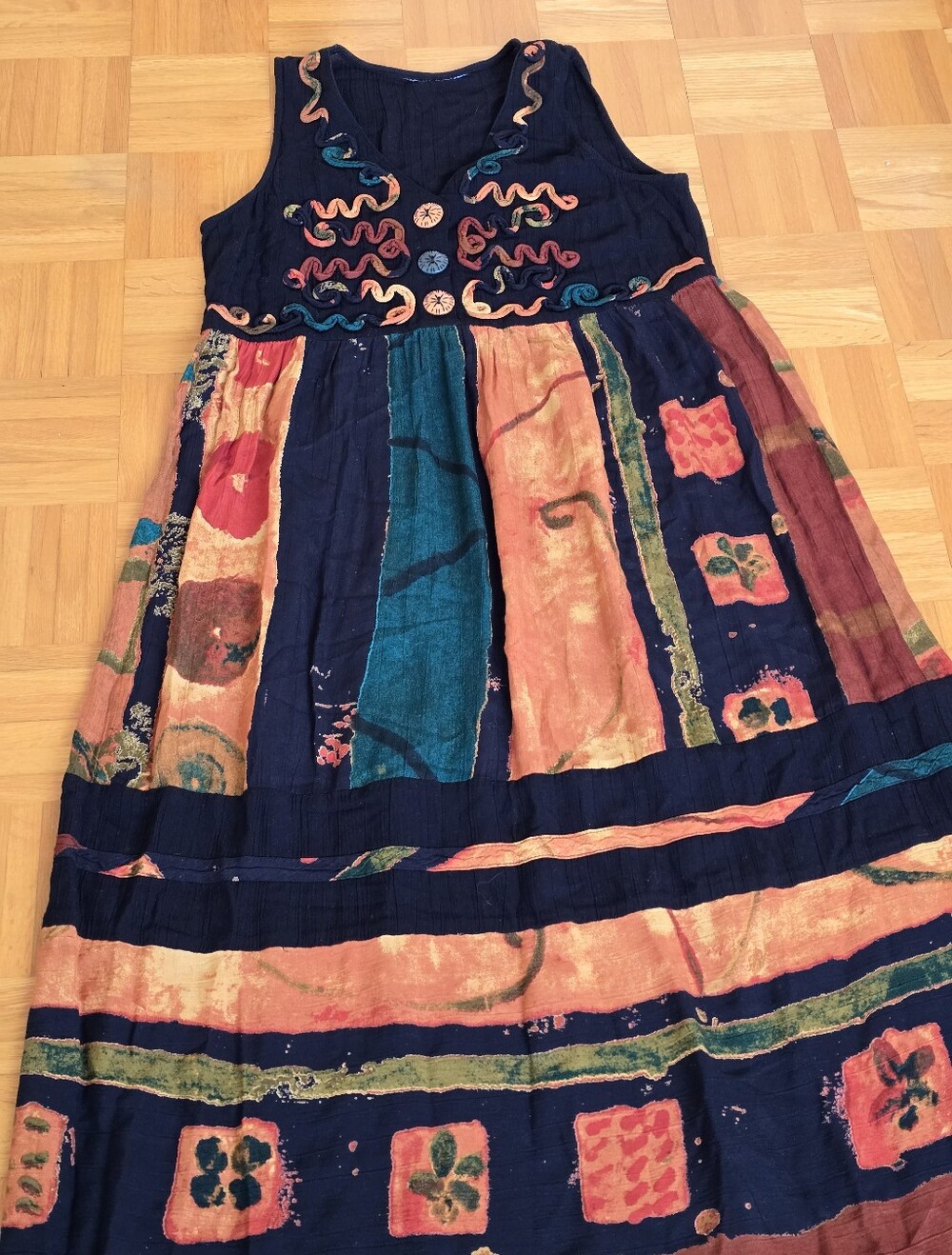 Bohemian Lightweight Multicolor Faux Patch Print Button Top Sleeveless Dress - Picture 3 of 10